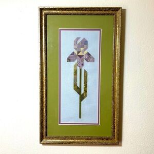 Vtg 1970s Purple Iris Flowers Finished Embroidery Needlepoint Framed 20”x11”
